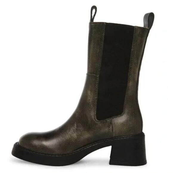 Steve Madden Maren Leather Mid-Calf Chelsea Boots Block Low Heel Dark Gray - Picture 8 of 8